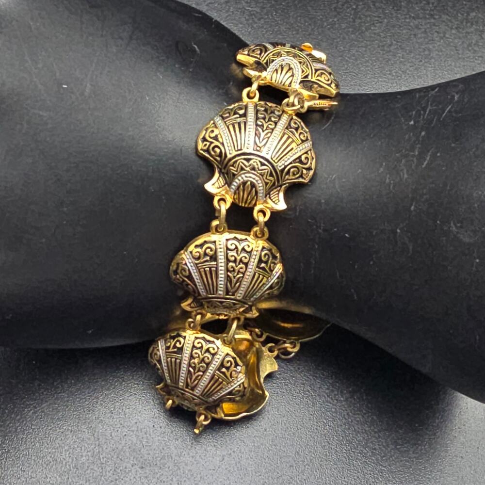 Damascene Clam Shell Link Bracelet Gold Tone Black White Vintage Jewelry